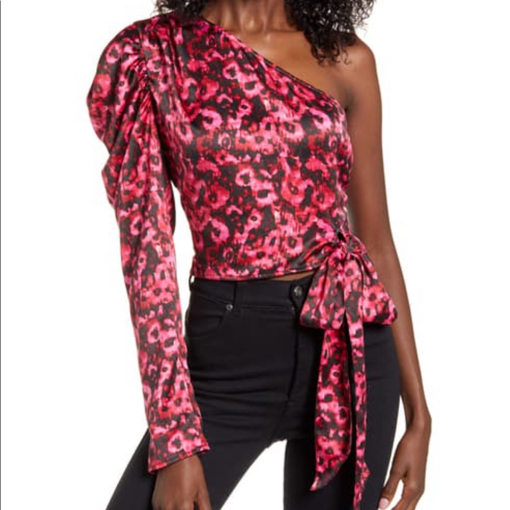 Leith Long Sleeve One Shoulder Tie Top Red Jazzy Dense Floral